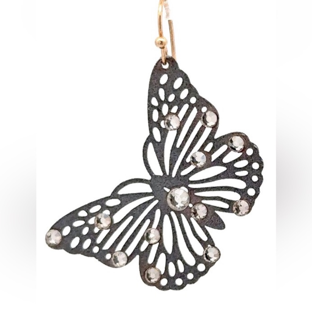 Elegant Butterfly Earrings, Gray Rhinestone Metal, Lightweight Metal Nip